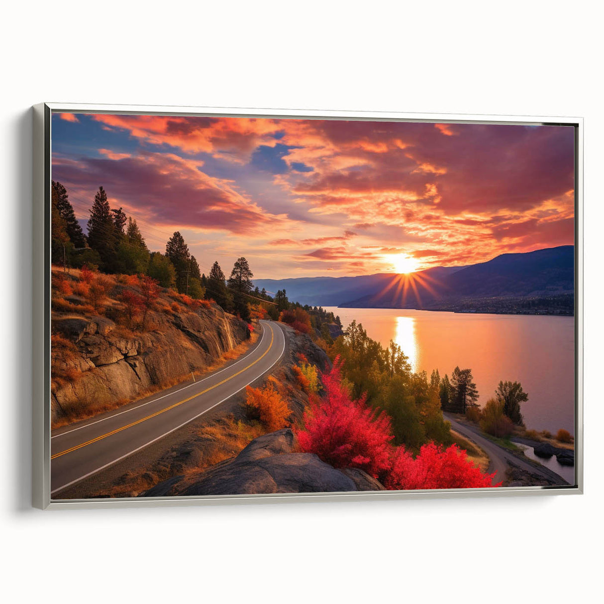 Framed canvas depicting a vintage-style landscape of British Columbia in muted earth tones.