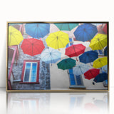 Large art print of Quebec scenery in mid-century modernist style, acrylic in gold frame, ideal for nursery wall decor.