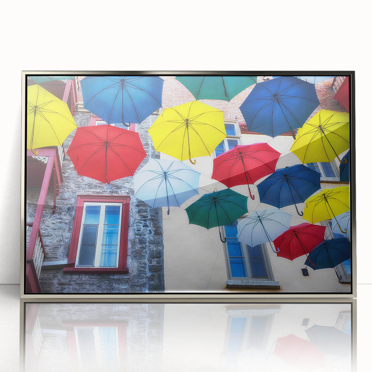 Mid-century modernist acrylic print of Quebec scenery in silver frame, suitable for nursery wall art.
