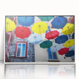 Art deco poster of Quebec scenery in acrylic, framed in white, ideal for modern nursery wall decor.