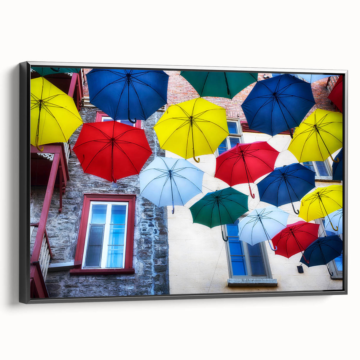 Black and white framed canvas featuring a vintage poster art style landscape of Quebec, ideal for bedroom wall decor.