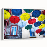 Vintage poster art of a Quebec scenery on a framed canvas, featuring colorful art in extra large size.