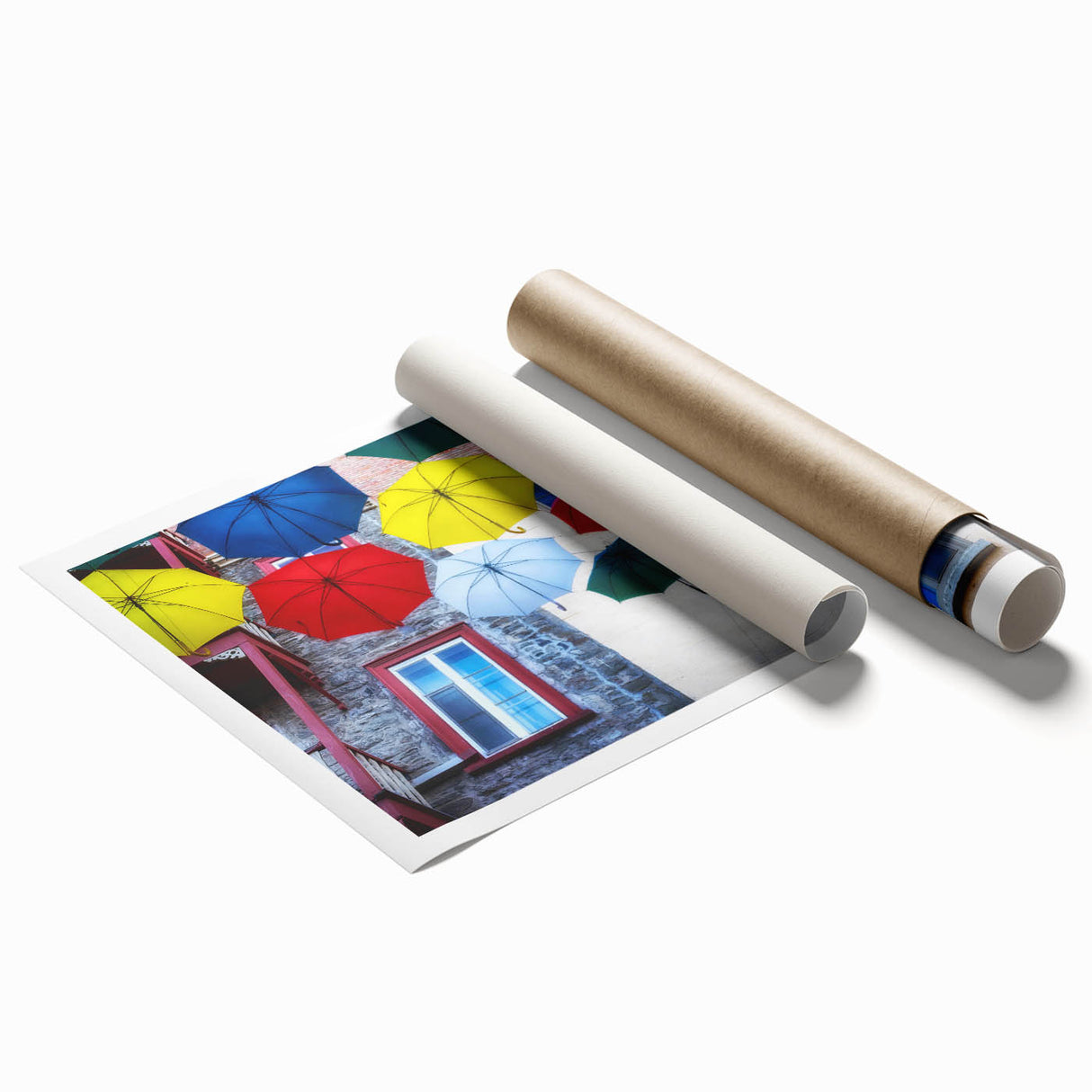 Extra-large rolled print of Quebec scenery with floral elements in soft pastels.
