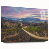 Large abstract wall art of Yukon scenery in muted earth tones on acrylic glass, ideal for bedroom or dining room decor.
