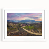 Abstract art print of Yukon scenery in muted green and blue tones on a framed canvas.