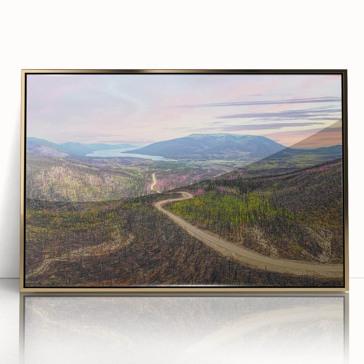 Mid-century modernist style large art print of Yukon scenery in gold frame, suitable for modern art wall decor.