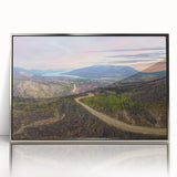 Mid-century modernist art of Yukon scenery in silver framed acrylic, featuring muted earth tones, ideal for nursery wall art.