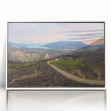 Acrylic print of a serene Yukon landscape in muted earth tones, framed in white, suitable for modern art wall decor.