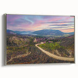 Framed canvas depicting a vintage Yukon landscape with colorful art elements, ideal for enhancing black wall decor.