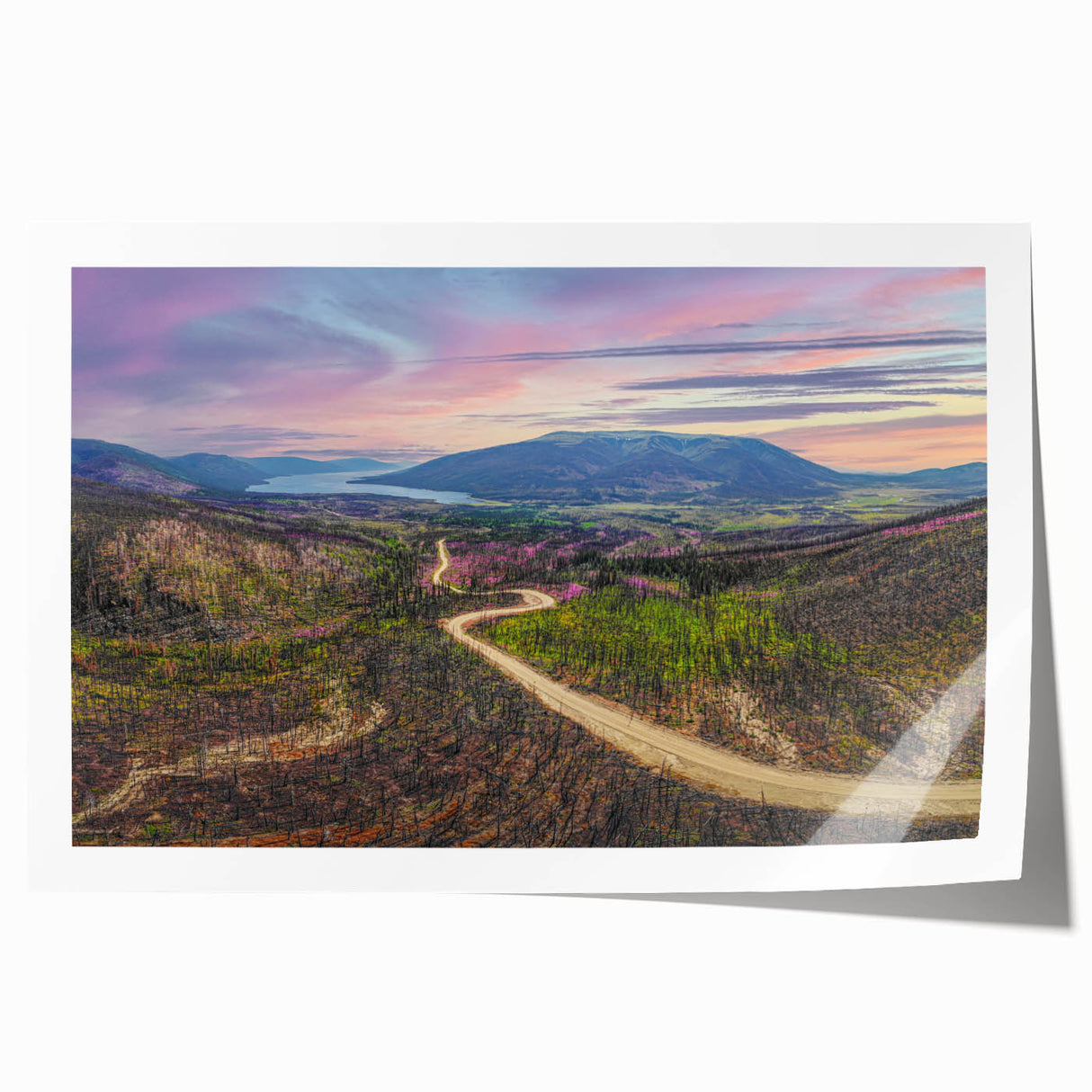 Extra large rolled print of Yukon scenery with floral elements in soft green and blue tones.