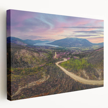 Scenic Yukon landscape on large stretched canvas, featuring muted earth tones, ideal for kitchen wall decor.