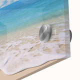 Large abstract wall art depicting Caribbean scenery in vibrant blue and green tones on acrylic glass.