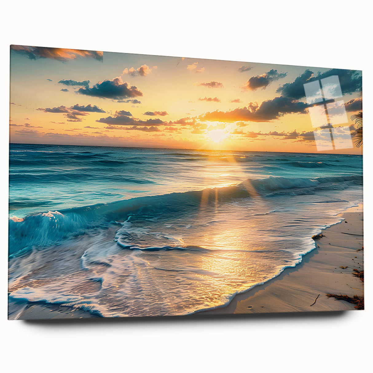 Large abstract wall art on acrylic glass depicting a serene Caribbean seascape in soft blue and white tones.