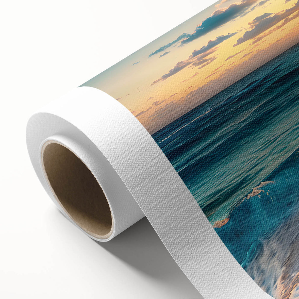 Art deco poster of a serene Caribbean beach on rolled canvas, featuring soft blue and sandy hues, ideal for nursery wall art.