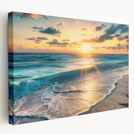 Tropical beach scene in pastel shades on a stretched canvas, suitable for kitchen wall art.