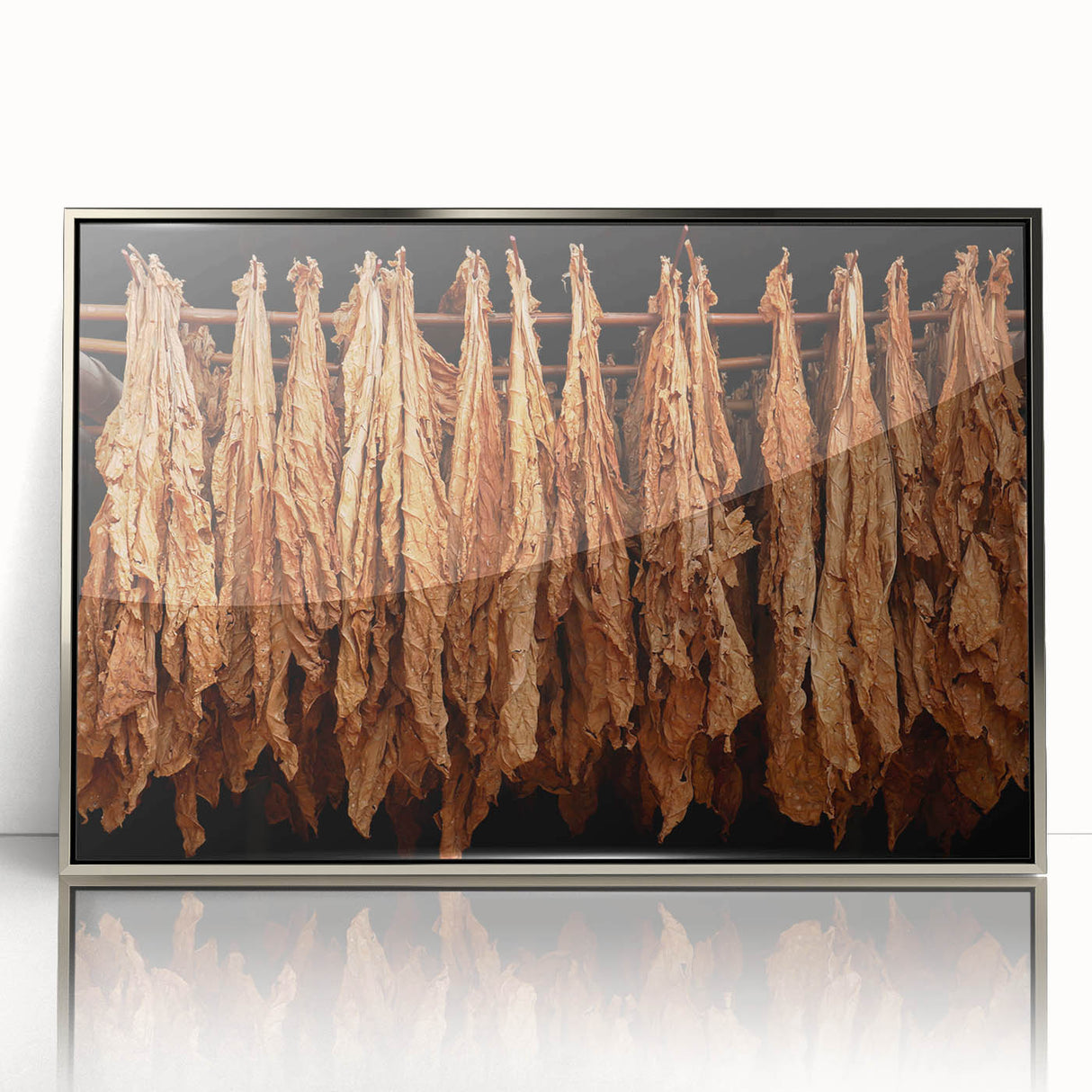 Large art print of a Caribbean Cuban scenery on silver-framed acrylic, featuring mid-century modernist style.
