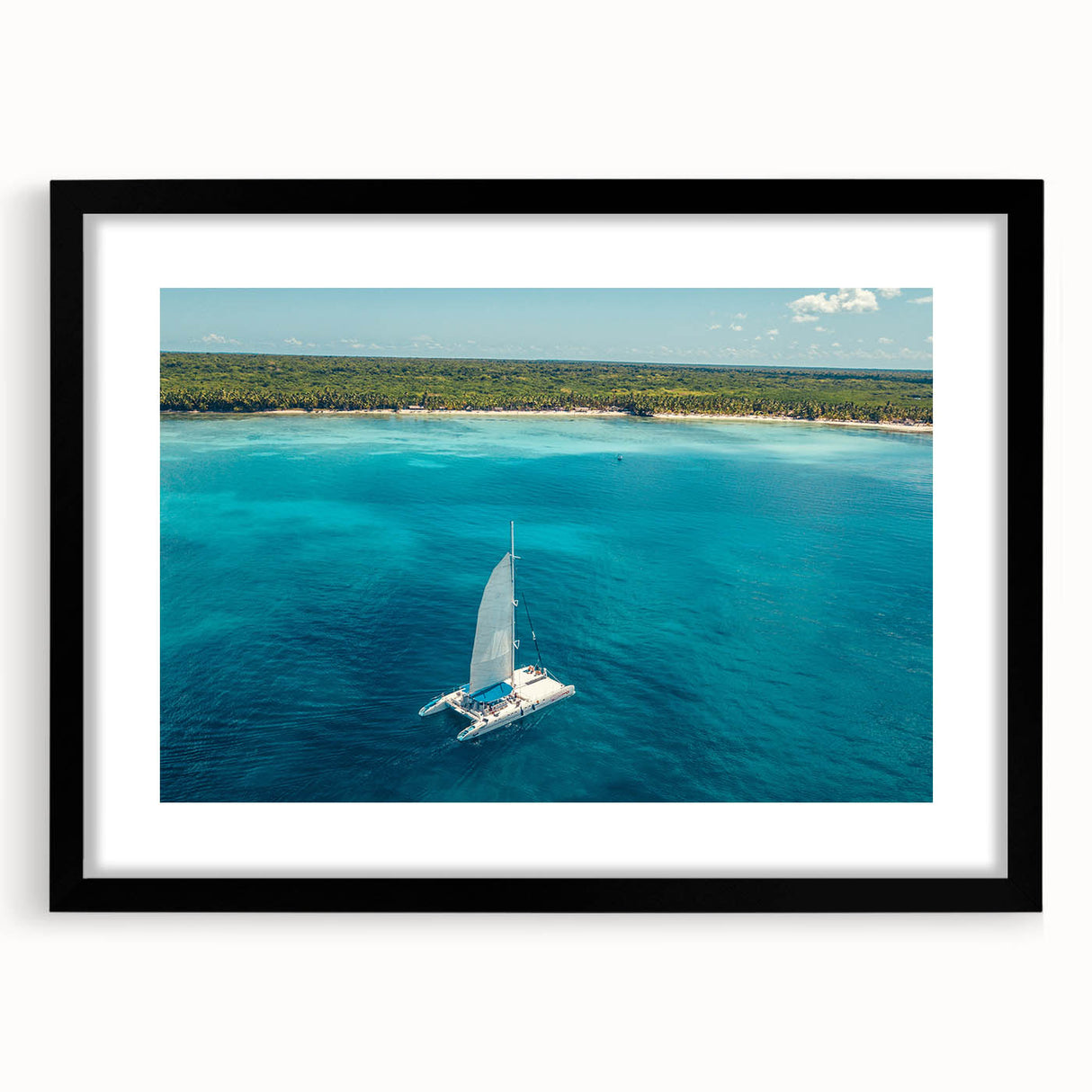 Abstract art print with vibrant Caribbean scenery in textured colors on a large framed canvas, ideal for living room decor.