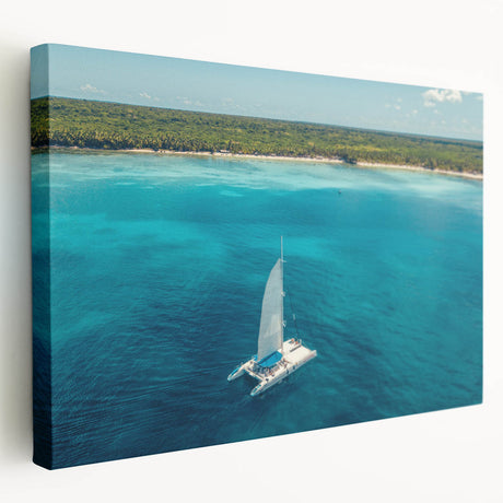 Large canvas print of a Caribbean beach scene, featuring soft blue and sandy hues, ideal for kitchen wall art.