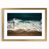 Abstract art print of Caribbean scenery in muted blue and green, framed in gold, suitable for dining room decor.
