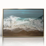 Art deco poster of a Caribbean scene in pastel shades, framed in gold acrylic, suitable for modern nursery decor.