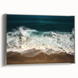 Framed canvas featuring a vintage-style landscape painting of a Puerto Rican coastline in muted blues and greens.