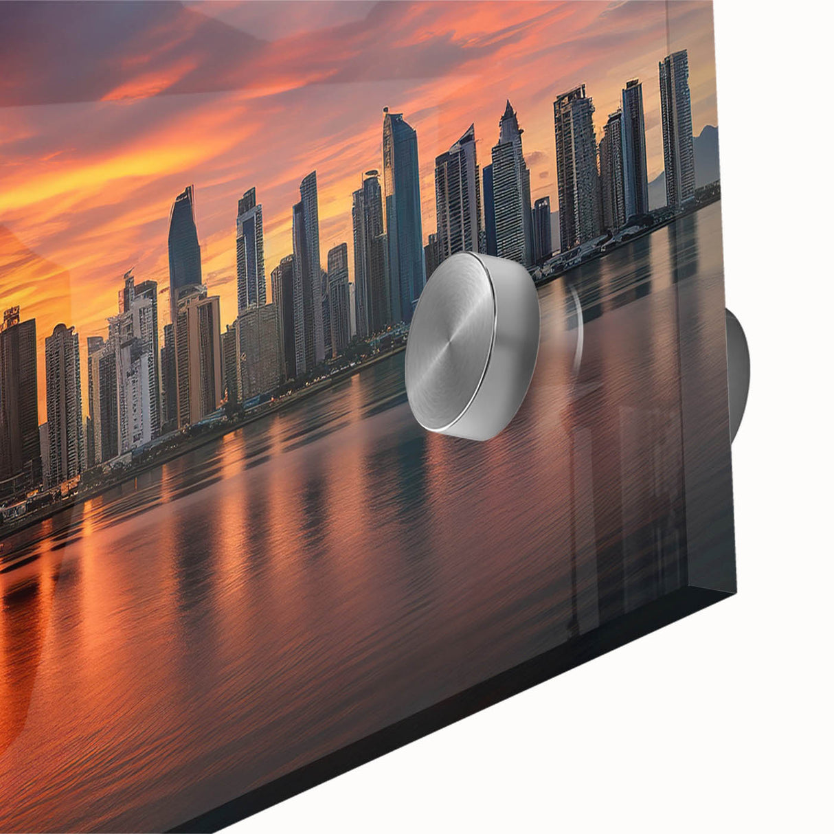 Large abstract wall art on acrylic glass depicting a stylized Panama scenery in mid-century modernist style.