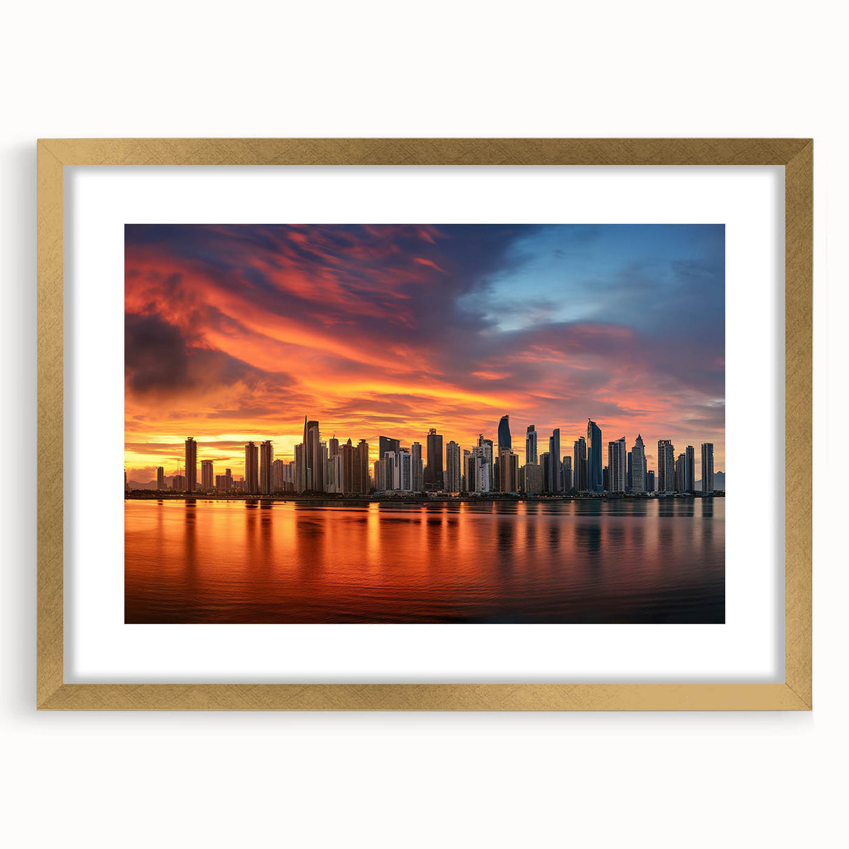 Extra large abstract art print of a Central American scenery in muted earth tones, framed in gold.