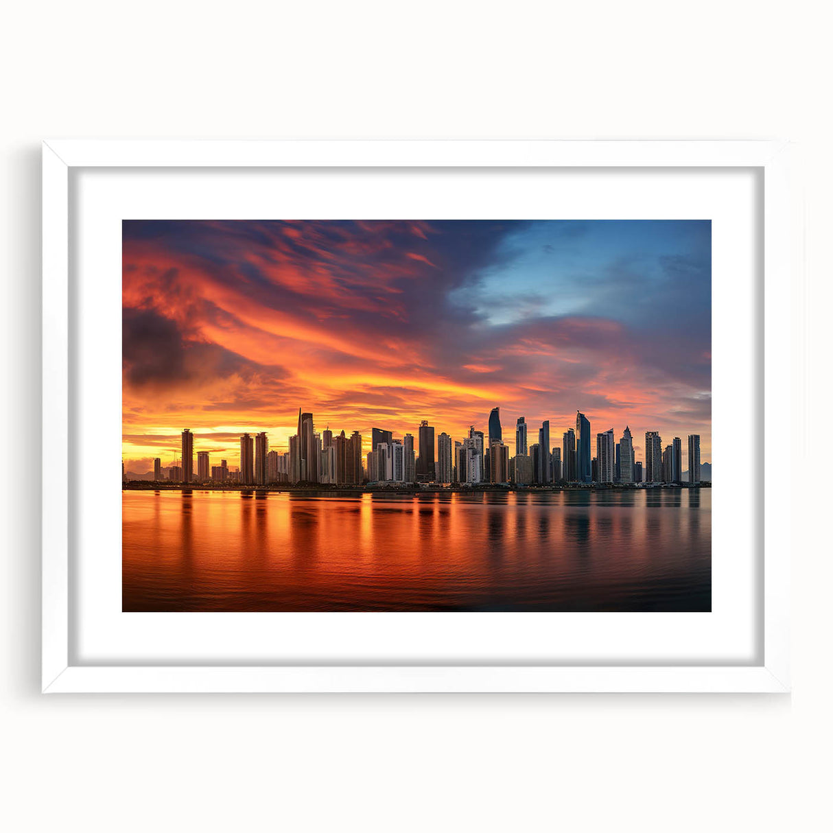 Abstract art print depicting a stylized Panama landscape in muted green and blue tones, framed with a white mat.