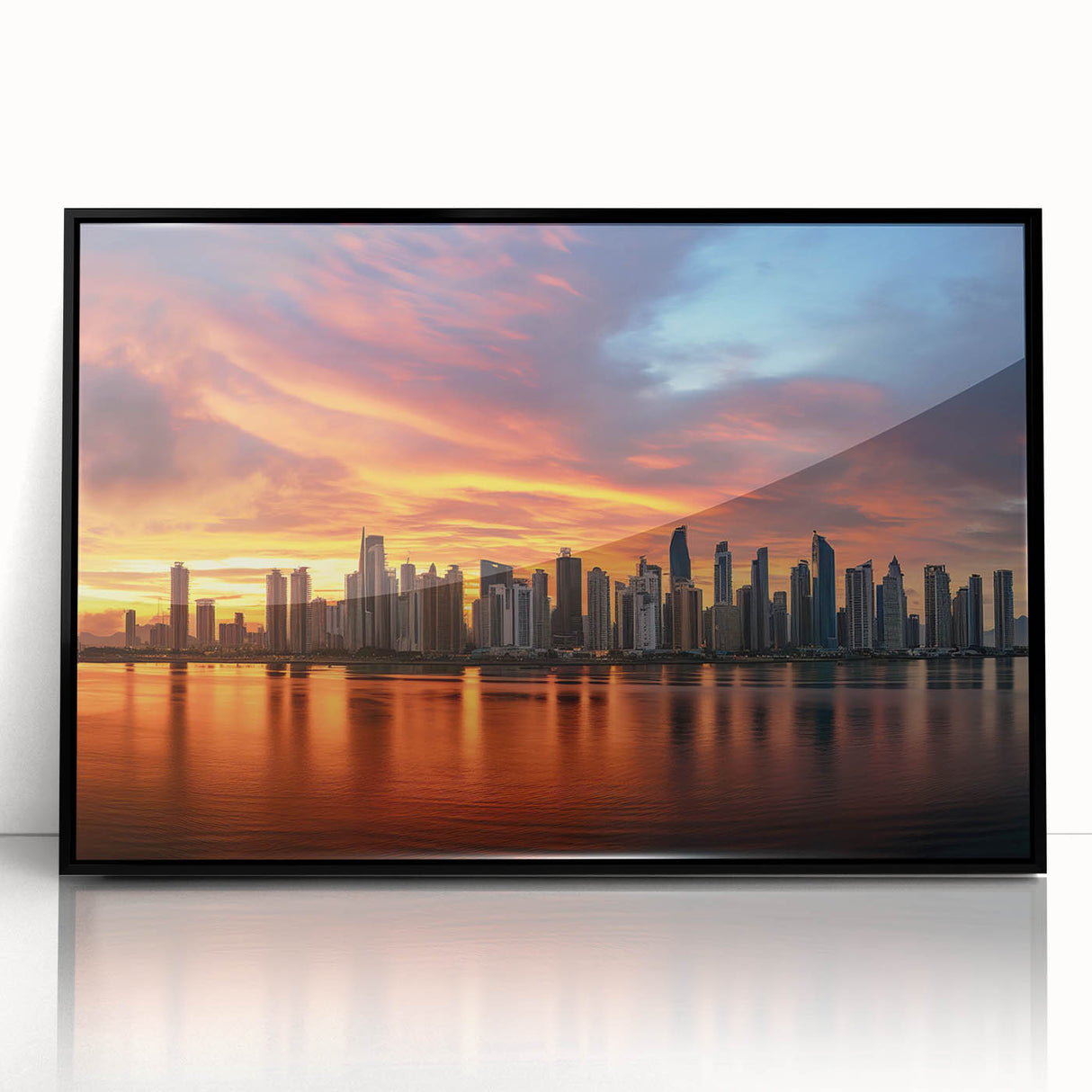 Framed acrylic print of Panama's skyline in art deco style, using muted gray and blue tones, ideal for modern art wall decor.