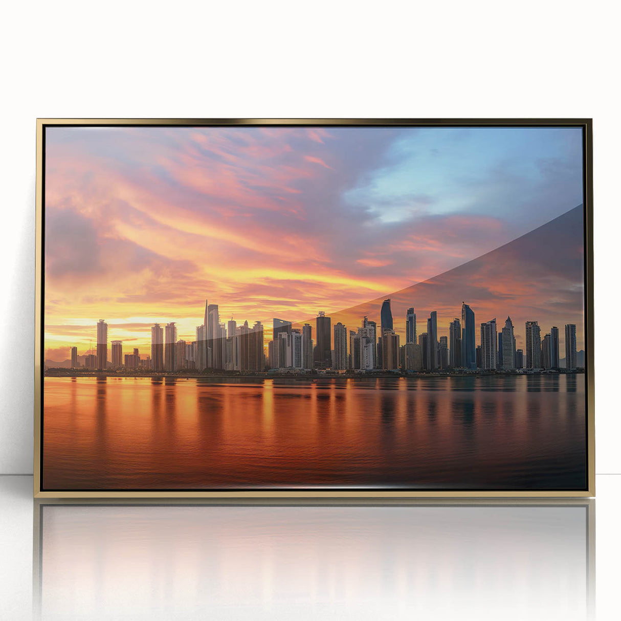 Large abstract wall art depicting a stylized Central American landscape in gold tones, acrylic framed.