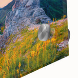 Large abstract wall art depicting a European Albanian scenery in muted hues on acrylic glass, suited for dining room decor.