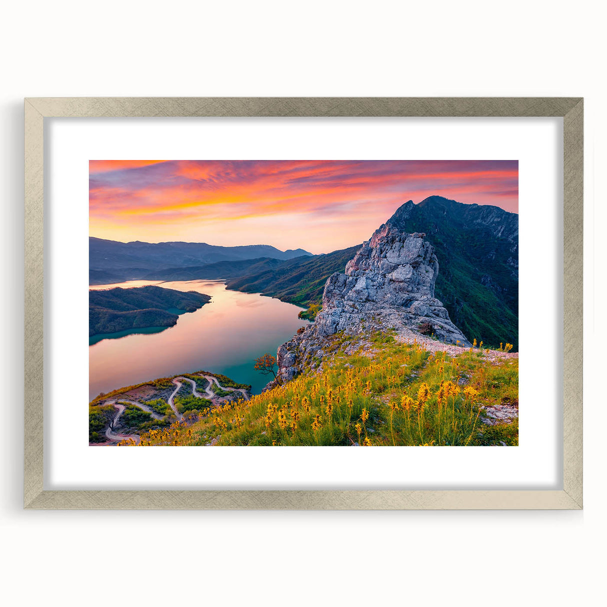 Extra large abstract art print depicting a textured European scenery, in muted earth tones, framed in silver.