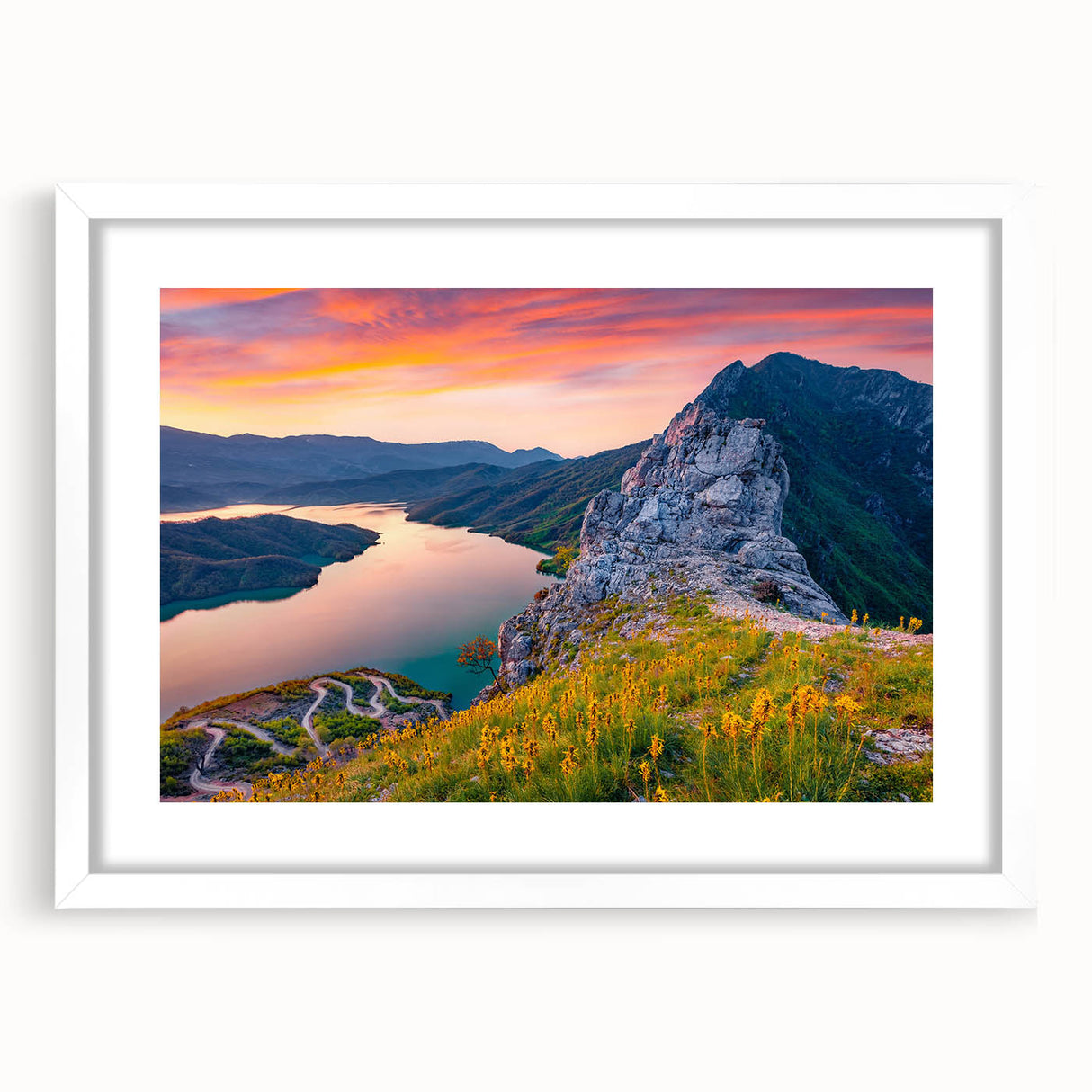 Textured art print of an abstract European scenery in muted earth tones, framed in white, ideal for bedroom ambiance.