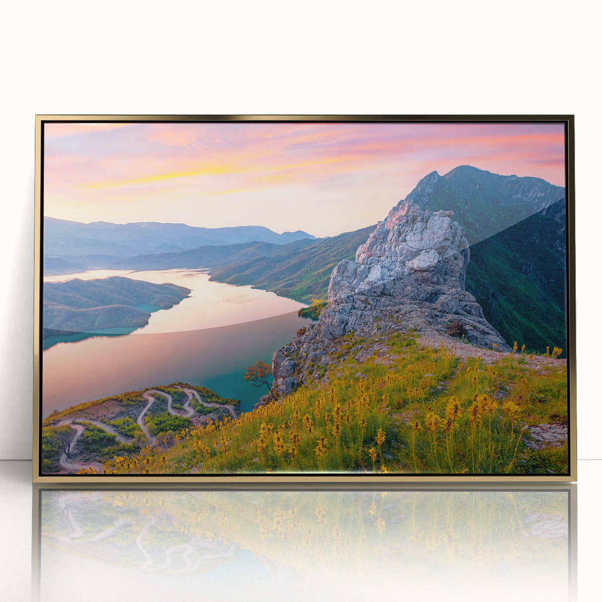 Art deco poster of an Albanian landscape, featuring muted earth tones on acrylic, framed in gold.