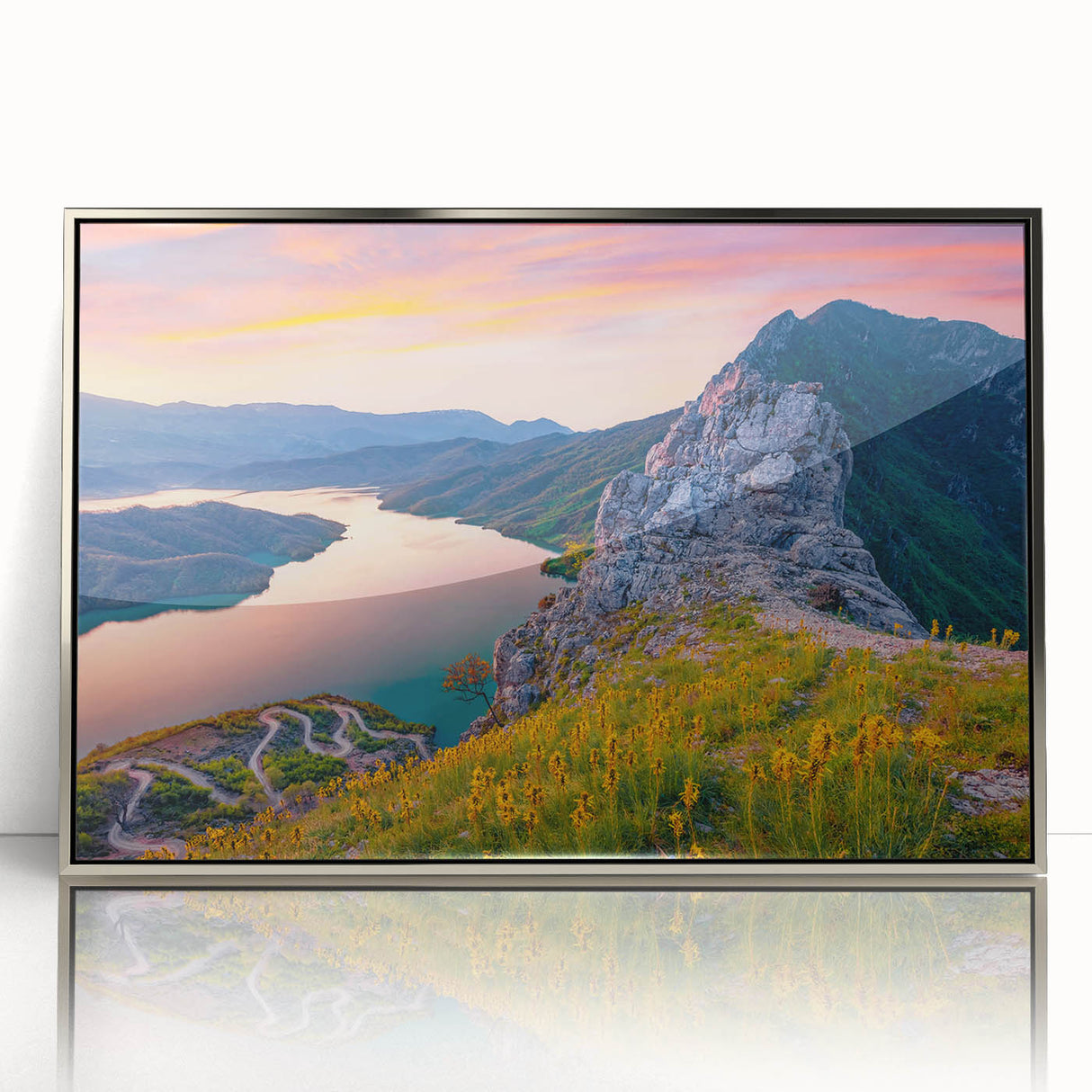 Large art print of an Albanian landscape in muted earth tones, framed in silver acrylic, suitable for modern art wall decor.
