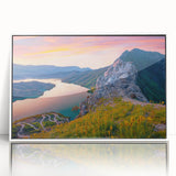 Mid-century modernist art depicting a European Albanian landscape in muted earth tones on a framed acrylic.