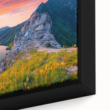 Black wall art featuring a textured, colorful European scenery on a framed canvas, ideal for living room decor.