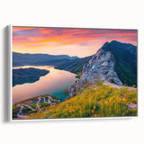 Vintage poster art of a European Albanian scenery on framed canvas, featuring colorful art in extra large size.