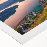 Art deco poster of an Albanian landscape in muted earth tones on rolled canvas, suitable for dining room wall art.