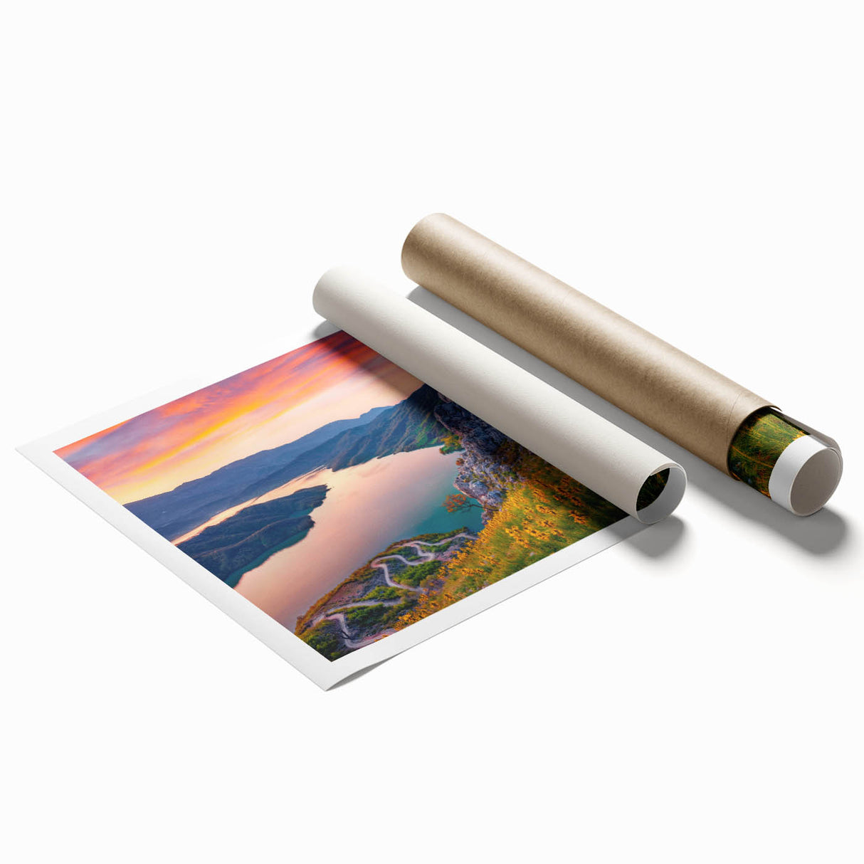 Extra large rolled print of a European scenery from Albania, featuring muted earth tones, ideal for classy bathroom wall art.