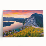 Large black and white photo of Albanian scenery on stretched canvas, ideal for kitchen wall art.