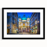 Extra large abstract art print of vibrant, colorful Austrian scenery on textured canvas, framed in black.