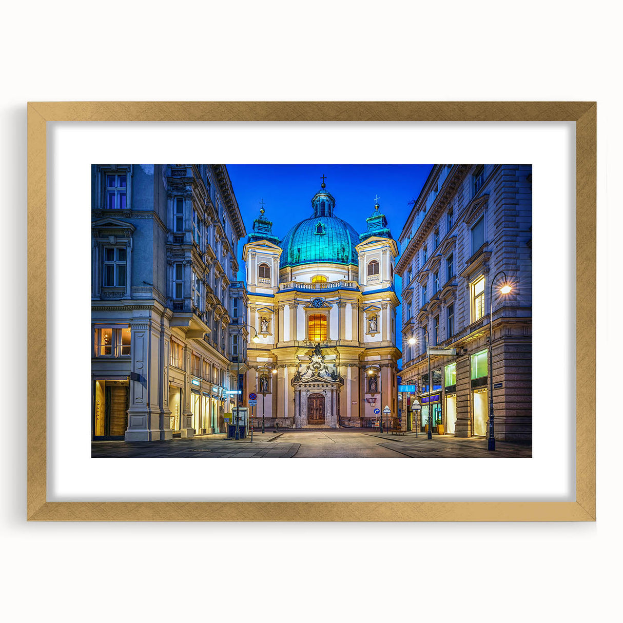 Abstract art print of a European landscape in muted gold and green tones on a framed canvas, suitable for dining room decor.