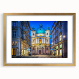 Abstract art print of a European landscape in muted gold and green tones on a framed canvas, suitable for dining room decor.