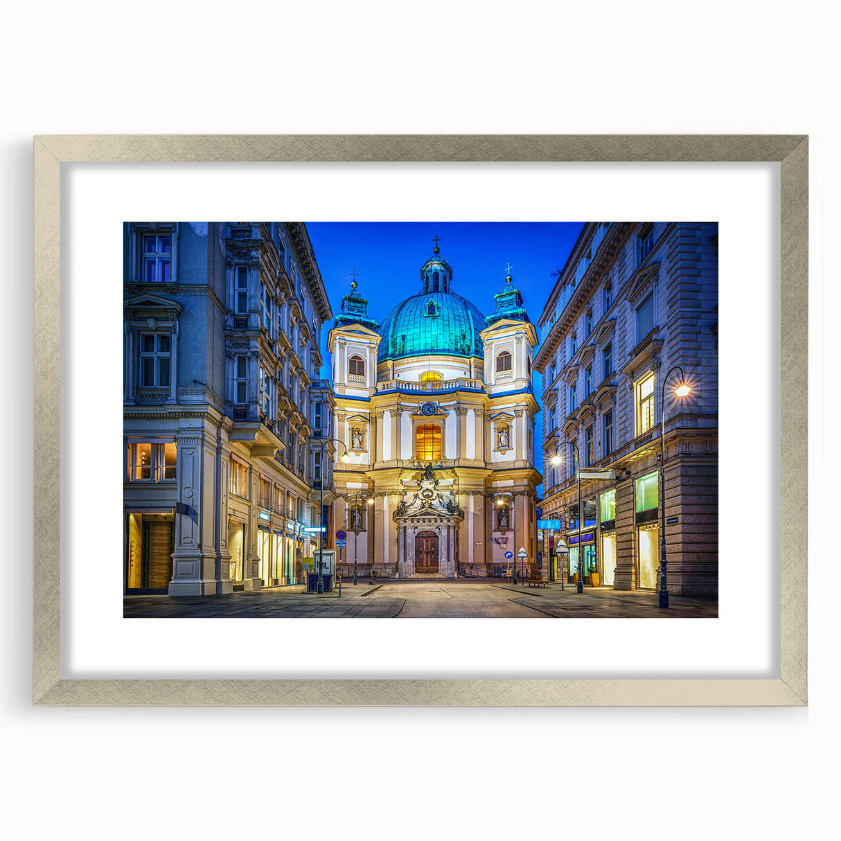 Extra large abstract art print depicting a textured European scenery in muted earth tones, framed in silver.