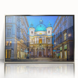 Art deco poster of a European scenery in Austria, featuring silver-framed acrylic, ideal for modern nursery wall art.