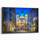 Black and white framed canvas featuring a vintage-style landscape painting of an Austrian scenery.