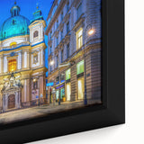 Black wall art featuring a textured scene of an Austrian landscape on a framed canvas, with colorful art elements.