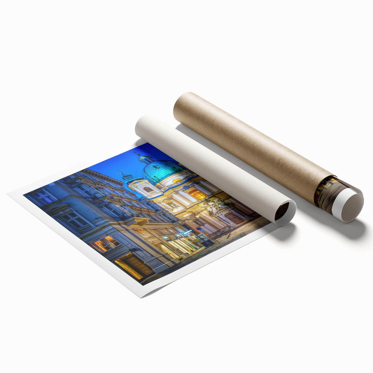 Extra large rolled print of an Austrian landscape with vibrant green fields and floral elements.