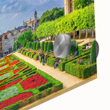 Large abstract wall art featuring a mid-century modernist European scenery in muted earth tones, acrylic print.